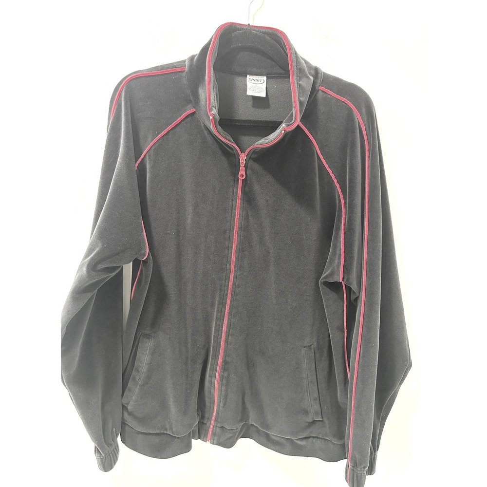 Roundtree & Yorke Sport Mens Large Black Velour Track Jacket Red Piping Full Zip